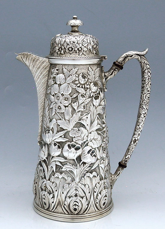 Welsh & Brothers antique sterling tall repousse coffee pot