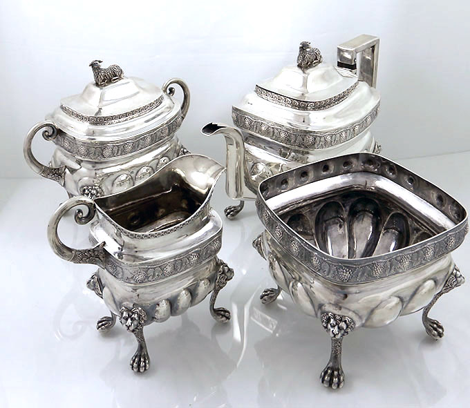 William Thomson circa 1840 coin silver teaset with sheep finial and lion feet