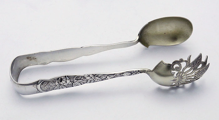 Knowles antique sterling silver ice tongs in the Rose Bug pattern  