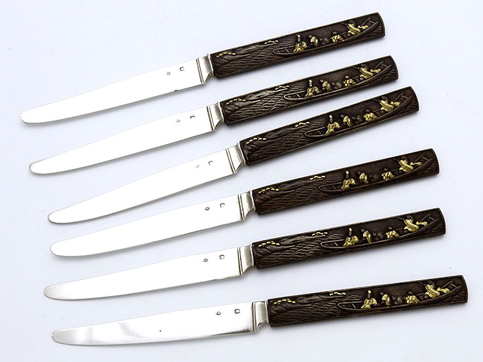 French antique silver and mixed metals Japonesque fruit knives
