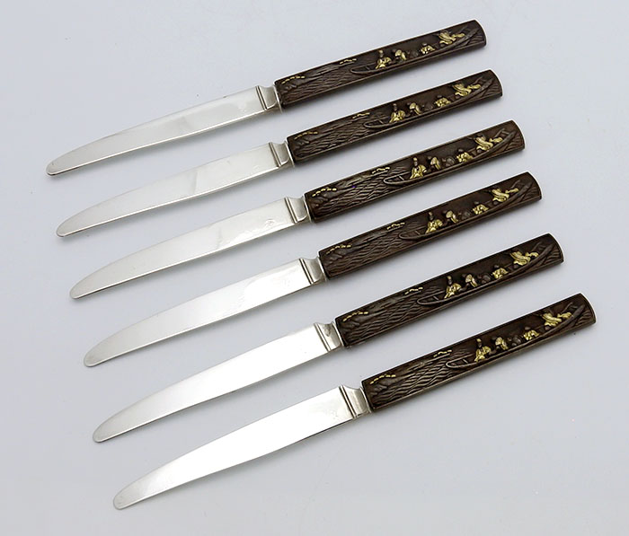 French antique silver and mixed metals Japonesque fruit knives