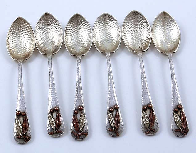 set of six Gorham sterling hammered and mixed metals spoons