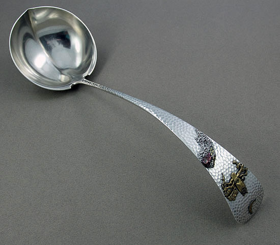 Gorham antique sterling silver soup ladle with applied owl and moon in mixed metals