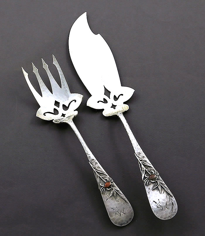 Whiting sterling silver and mixed metals fish serving set