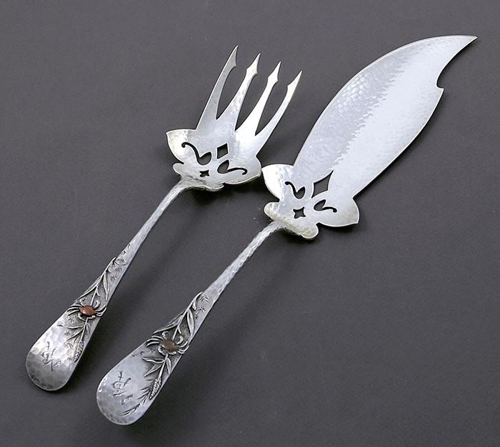 Whiting sterling silver and mixed metals fish serving set