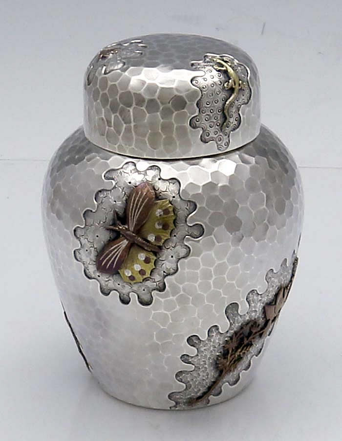 Dominick & Haff antique sterling and applied mixed metals tea caddy hand hammered