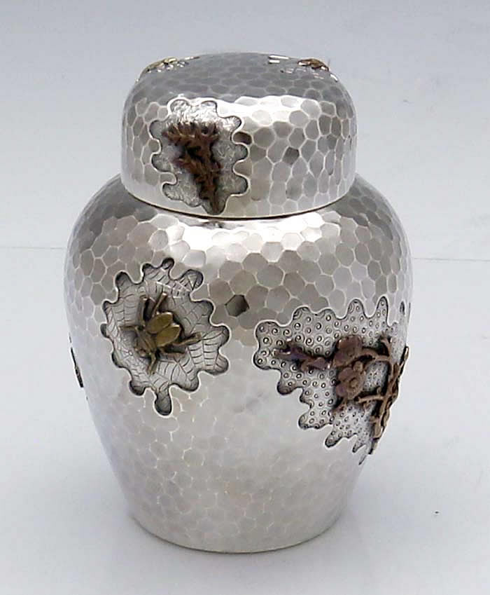Dominick & Haff antique sterling and applied mixed metals tea caddy hand hammered