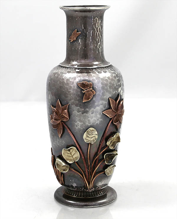 Gorham antique sterling hammered and applied mixed metals vase circa 1880