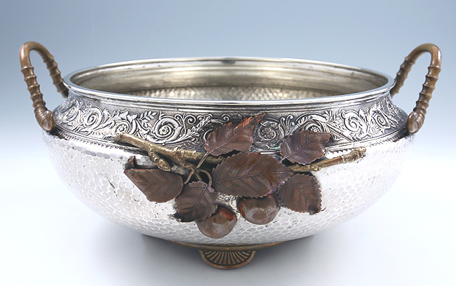 Gorham mixed metals and sterling hammered bowl with copper handles