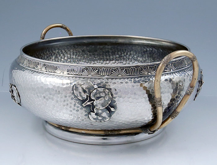 Gorham sterling hammered mixed metals bowl with applied lily pads and copper handles