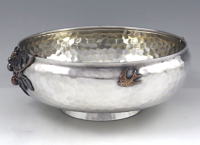 Gorham antique sterling and mixed metals fruit bowl hammered and applied frog dragon fly