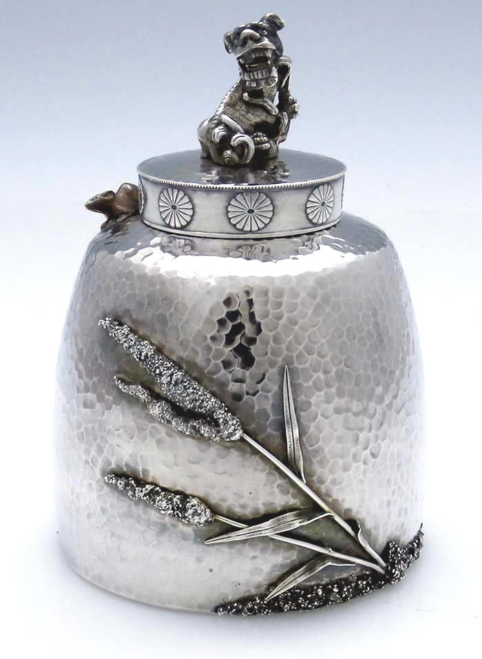Gorham mexed metals tea caddy with foo dog finial mouse and cattails