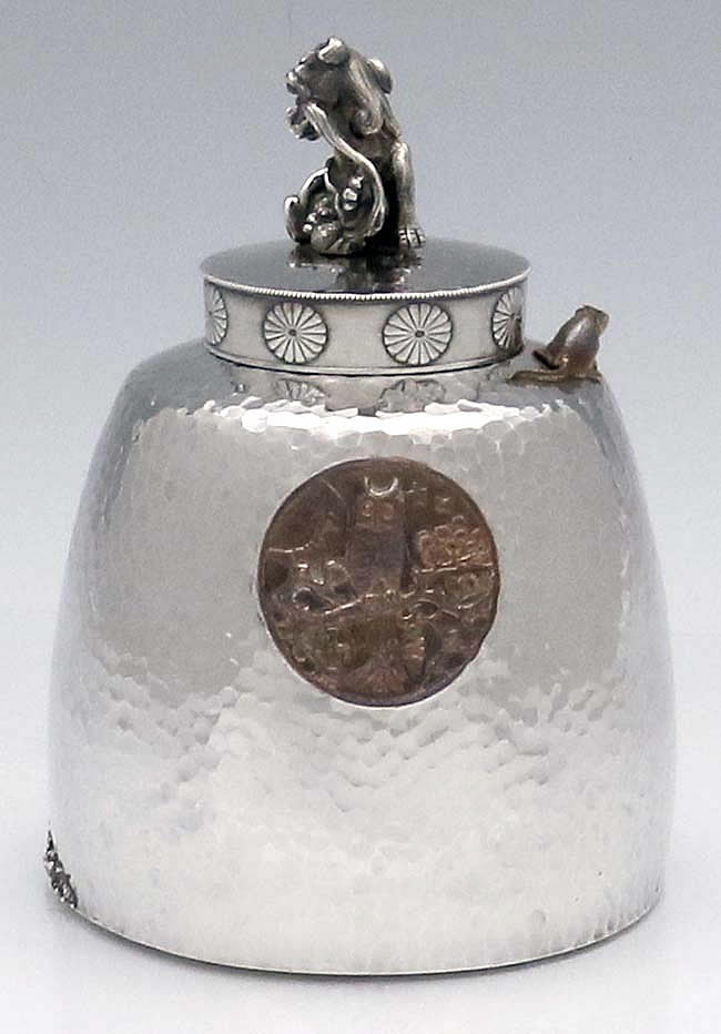 orham mexed metals tea caddy with foo dog finial mouse and cattails