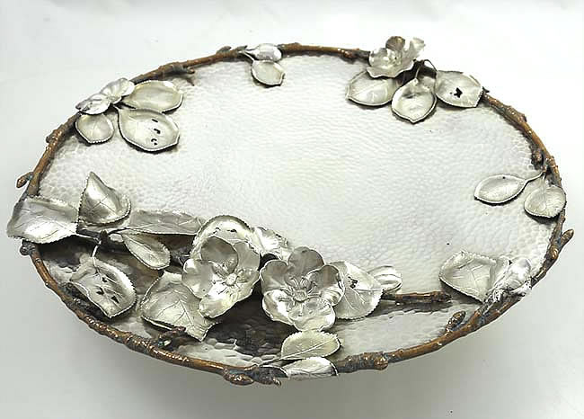 Rare Gorham antique sterling silver plate with mixed metals applied and leaves with holes circa 1880