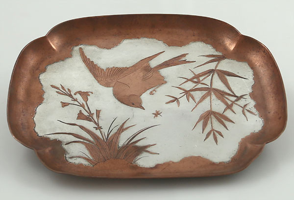 Gorham silver and copper mixed metals tray with bird