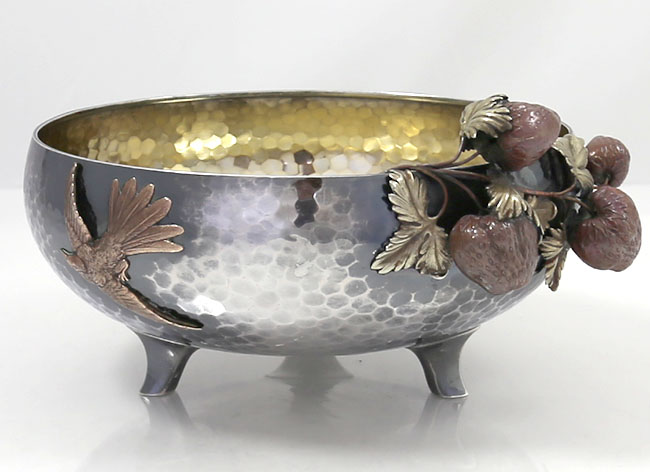 Gorham antique mixed metals and hammered sterling bowl with applied  copper strawberries
