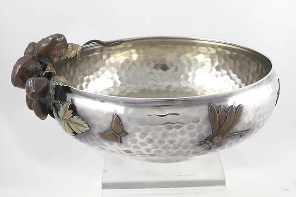 Gorham mixed metals bowl with applied strawberries dragon fly butterfly