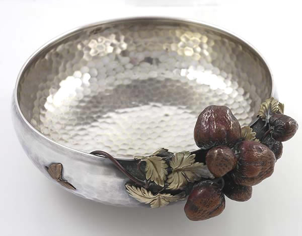 Gorham mixed metals bowl with applied strawberries dragon fly butterfly
