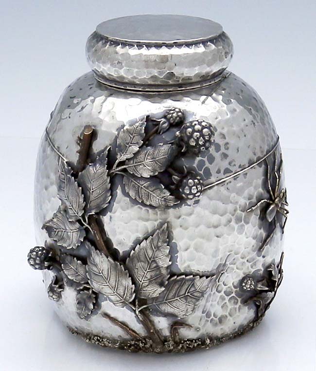 Gorham antique sterling and mixed metals tea caddy with spider and web