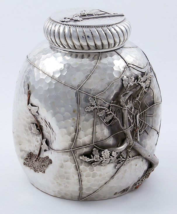 Gorham mixed metal tea caddy with spider and grasshopper