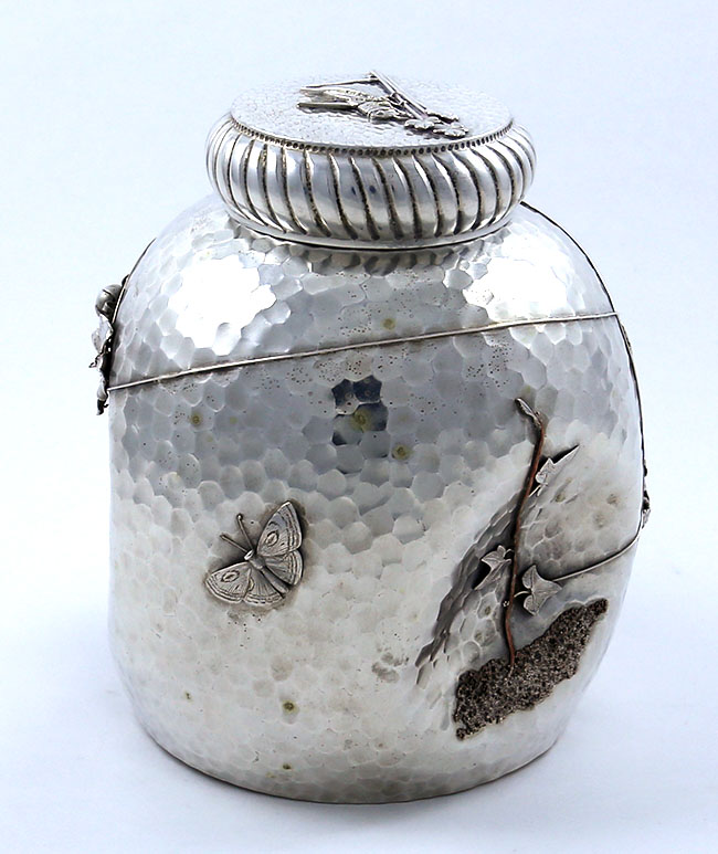Gorham mixed metal tea caddy with spider and grasshopper