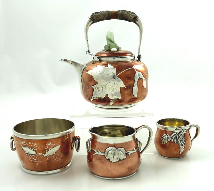 Tiffany mixed metals sterling and copper four piece tea set aesthetic movement