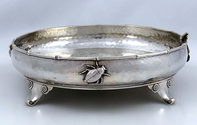 Whiting antique sterling and mixed metals footed bowl with copper cherries and bugs