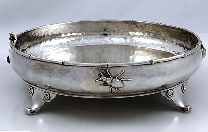 Whiting antique sterling and mixed metals footed bowl with copper cherries and bugs