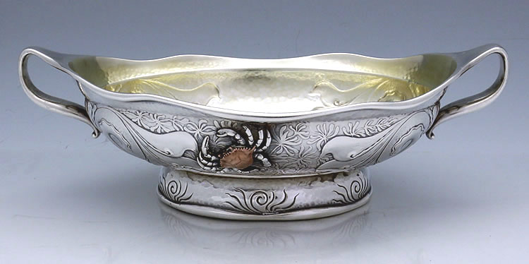 Whiting antique sterling and mixed metals bowl with copper crab and silver lobster 