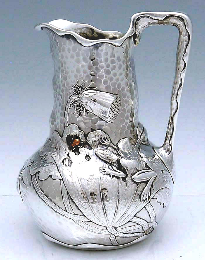 Museum quality Whiting antique sterling and mixed metals water pitcher with frog and applied bugs