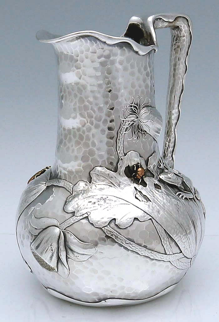 Museum quality Whiting antique sterling and mixed metals water pitcher with frog and applied bugs