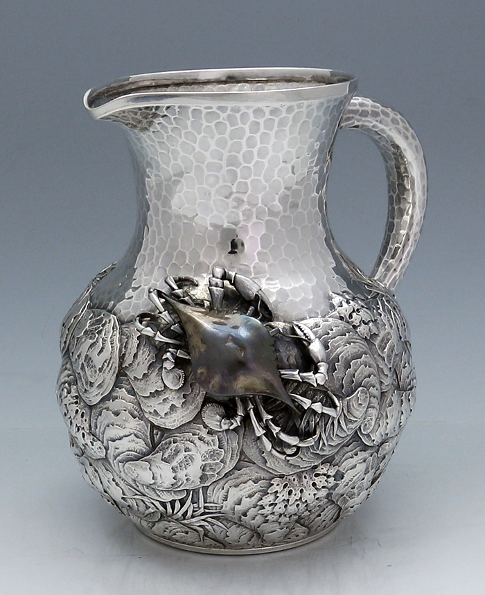 Whiting antique sterling silver mixed metals pitcher with crab and shells