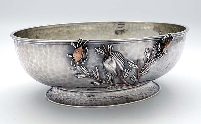 Whiting antique sterling and mixed metals oval bowl with crabs and fish