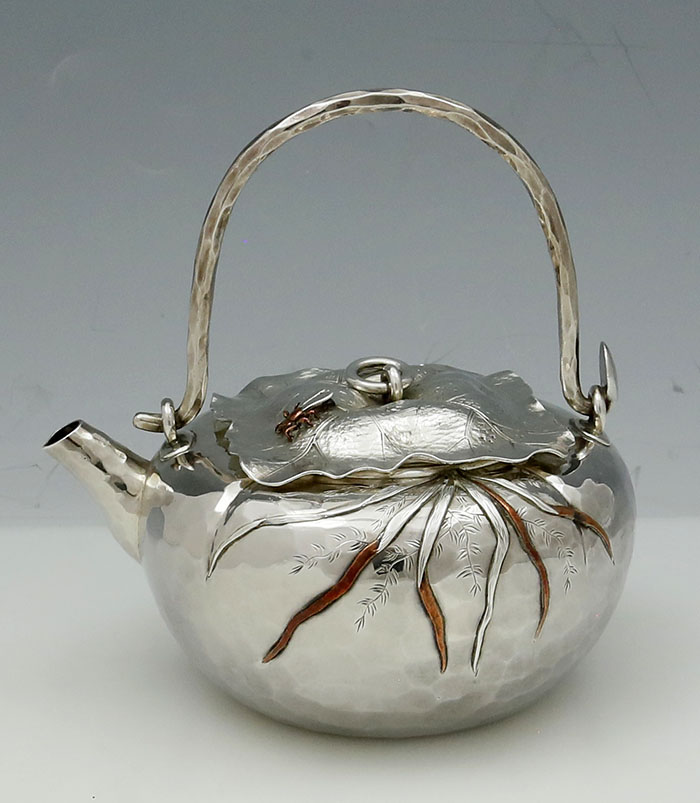 Rare Japanese style antique sterling silver mixed metals teapot with applied copper and bugs