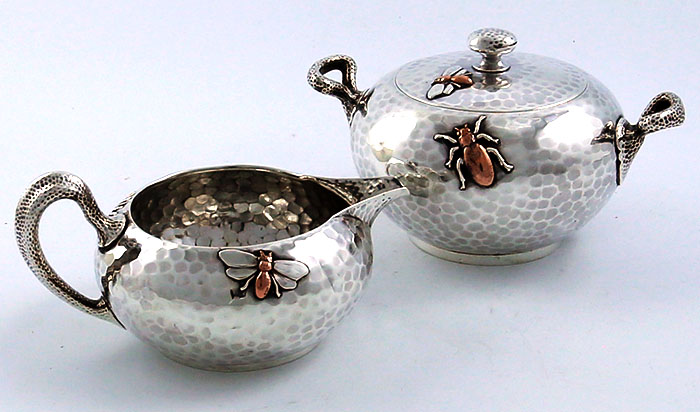 Wilson retailed antique sterling and mixed metals sugar and creamer with bugs and plants