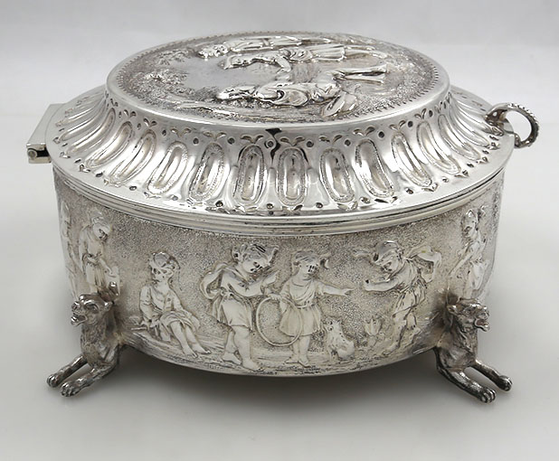 English antique silver circular box with chased figures London 1835 by Edward and John Barnard