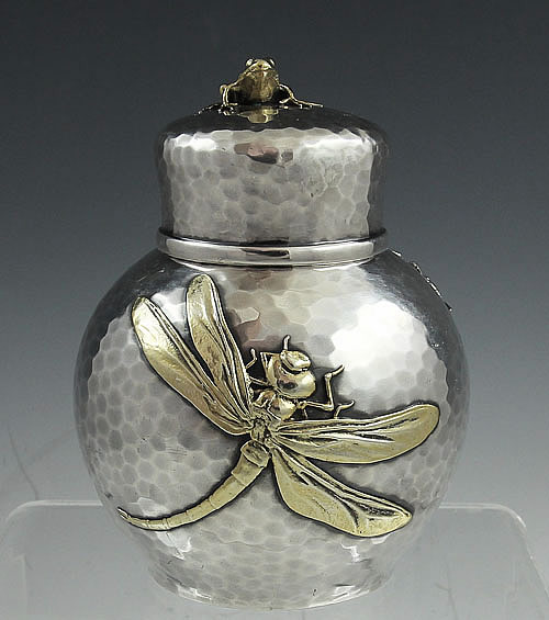Tiffany antique sterling silver tea caddy with hammered surface and applied dragon fly frog and bug