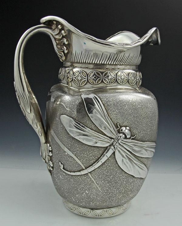 Rare Whiting antique sterling water pitcher with applied dragon fly and irises