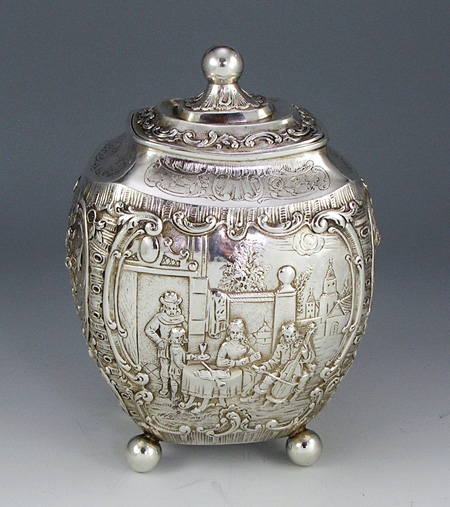 german silver oval figural tea caddy on ball feet
