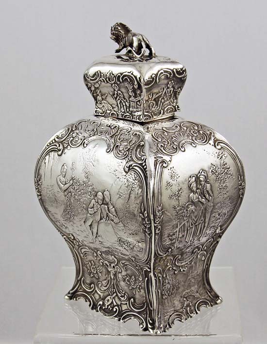 German silver tea caddy with lion finial