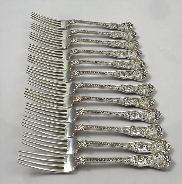 Twelve Tiffany Olympian pattern luncheon forks