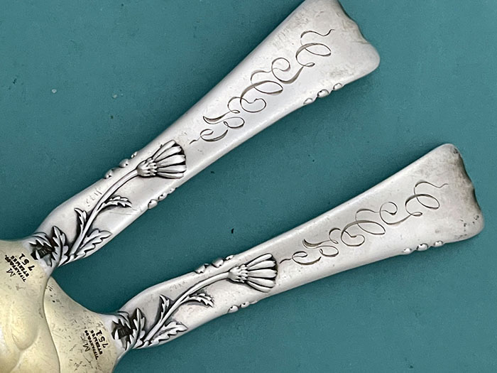 monogram on Tiffany Vine pair of bon bon spoons daisy motif