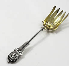 Wood & Hughes antique coin silver medallion serving fork with gilded tines in pristine condition