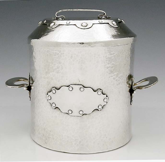 Thomas Brown and Sons antique sterling hammered cookie jar in arts and crafts style riveted