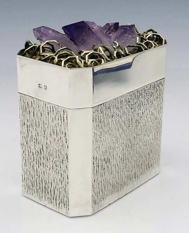 English silver box with amethyst rock hinged lid