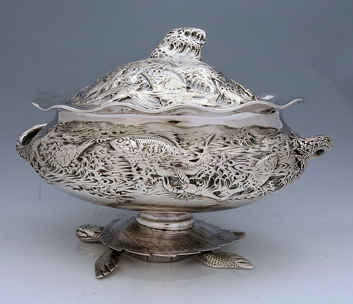Durgin antique sterling silver tureen with turtle base