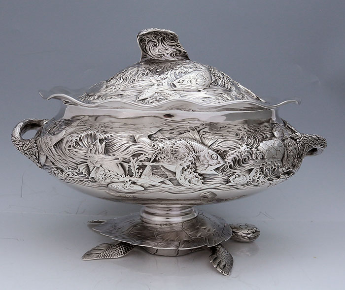 Durgin antique sterling silver tureen with turtle base