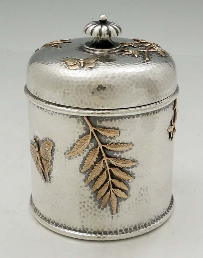 Dominick & Haff antique sterling and hammered mixed metals cannister