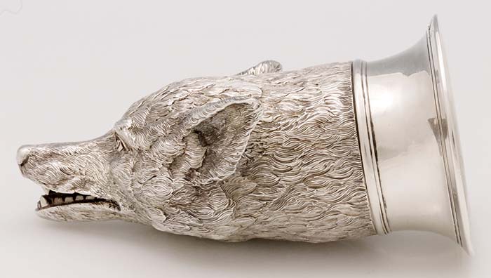 English silver antique fox head stirrup cup