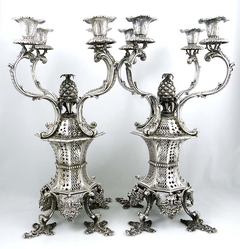 Sebastian Garrard pair sterling candelabra chinoiserie
